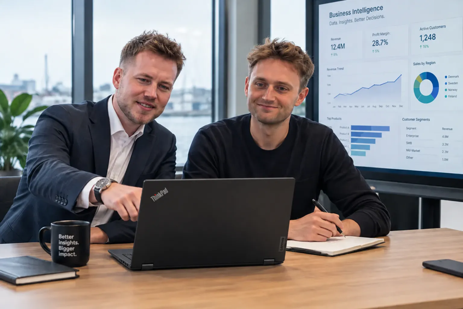 Konsulent fra Proview underviser en kollega ved en bærbar med et Power BI-dashboard i baggrunden